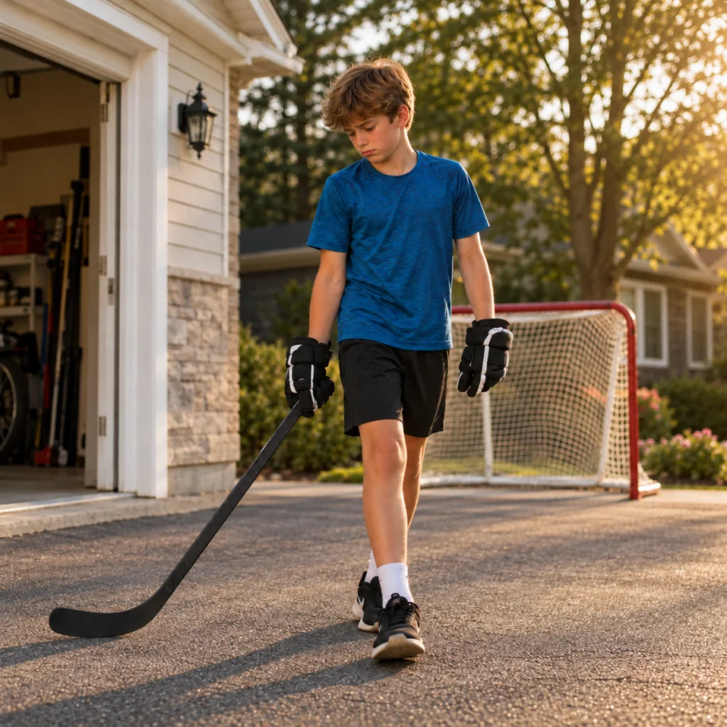 Illustrative scene of a young player heading indoors with an ordinary hockey stick after driveway practice.