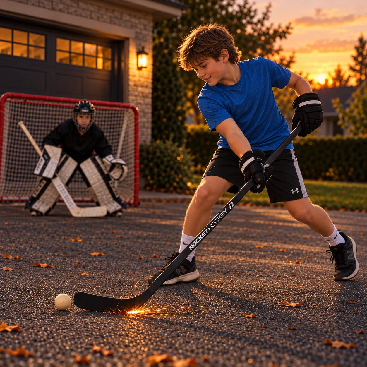 Illustrative scene of the same young player smiling while shooting with a Rocket Hockey Spark Stick on the driveway.