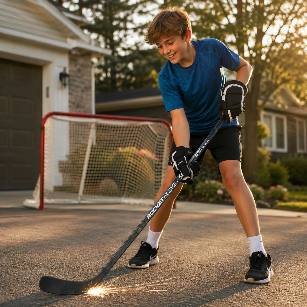 Young player holding a Rocket Hockey Spark Stick outdoors